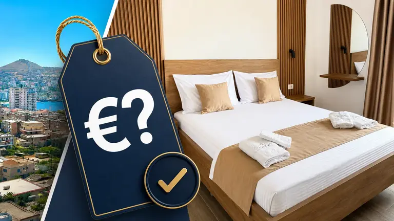 Modern sea-view room in Sarandë beside a large price-tag graphic