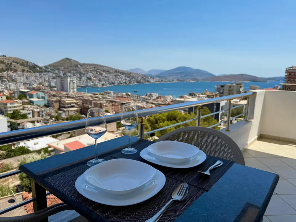 Panoramic sea view over Sarandë from Apartments Klajdi balcony
